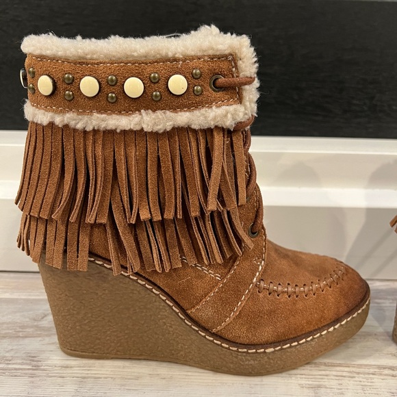 Sam Edelman Kemper Brown Suede Fringe Wedge Platform Ankle Boots - Picture 8 of 9